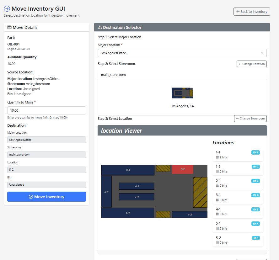 EBAMS Move Inventory GUI with graphical warehouse layout